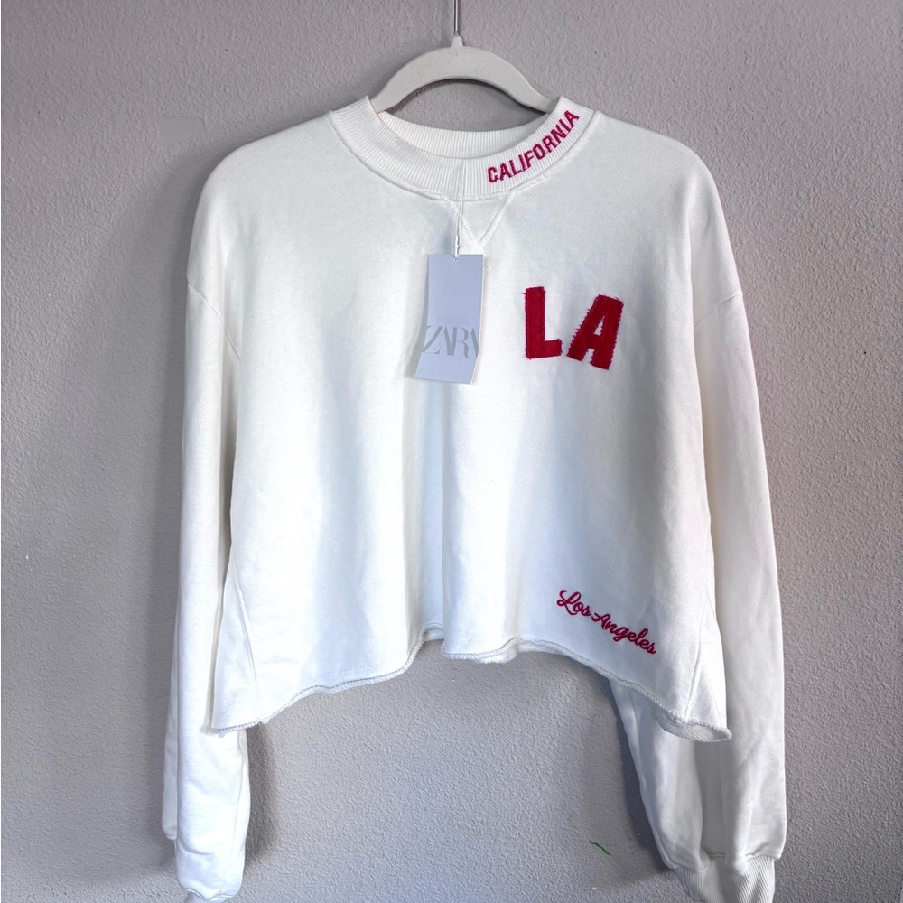 Zara White Sweatshirt with Red Lettering